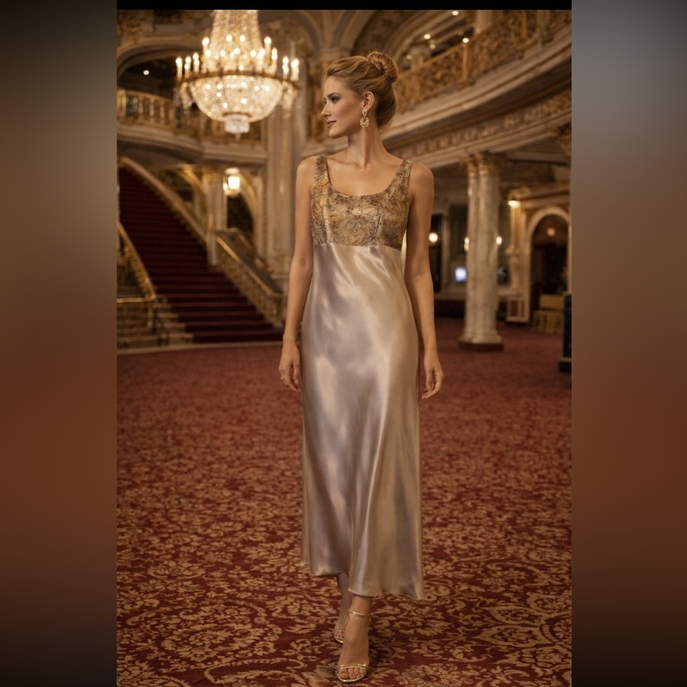 Vintage European/Greek Charly Elegant Beige Evening Gown size 46/S.